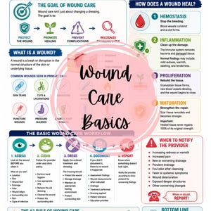 Könnte beinhalten: Eine lehrreiche Infografik mit dem Titel Basic Wound Care 101, die Abschnitte zu Wundheilungsphasen, Wundarten und klinischen Arbeitsabläufen enthält. Das Layout umfasst Symbole, Text und eine zentrale rosa kreisförmige Überlagerung mit dem Text Wound Care Basics.