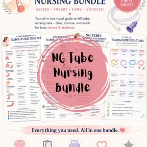 May include: A digital nursing bundle featuring four printable cheat sheets about nasogastric tubes. The documents include diagrams, assessment steps, insertion guides, and tube types with text titled NG TUBES NURSING BUNDLE and various medical icons.