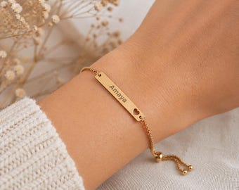 Engraved Name Bar Bracelet with Heart | Personalized Bracelet, Gift for Girlfriend, Mom