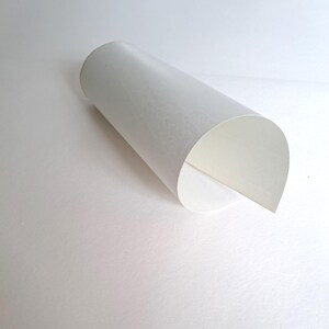 Pode incluir: Uma única folha de papel branco-sujo enrolada em formato cilíndrico. O papel tem uma textura lisa e fosca e está posicionado em ângulo, mostrando a superfície externa curva e a abertura interna oca no lado direito do objeto.