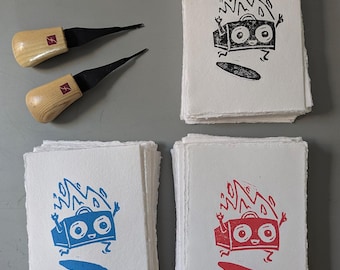 Pit on fire - Happy speaker jumping around - linoprint