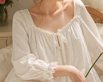 Vintage French Lace Nightgown | Long Sleeve Ruffle Modal Sleep Dress