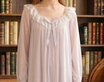 Vintage Victorian Lace Nightgown | French Princess Style Long Sleeve Bow Sleep Dress