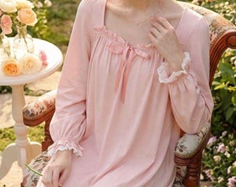 French Lace Nightgown | Vintage Pink Modal Long Sleeve Sleep Dress