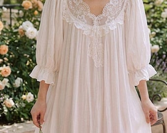 Victorian Cotton Nightgown – White Lace Long Sleeve Sleep Dress, Fairycore Loungewear