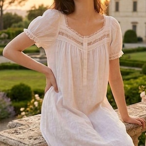 Cottagecore Cotton Victorian Nightgown – Lace Princess Sleepwear, Women’s Short Sleeve Nightdress