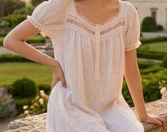 Camisón victoriano de algodón estilo cottagecore – Pijama de princesa con encaje, camisón de manga corta para mujer