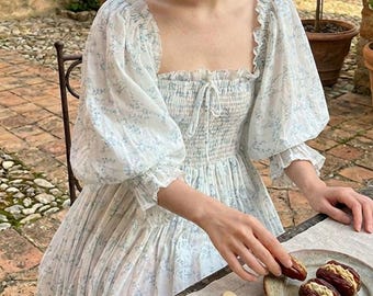 Princess Floral Cotton Linen Maxi Dress | Smocked Puff Sleeve Cottagecore Loungewear