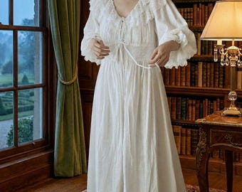 Princess-Style French Lace Nightgown | V-Neck Long Sleeve Sleepwear | Vintage-Inspired Nightdress