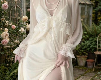 Vintage Lace Bridal Peignoir Set, Satin Nightgown with Chiffon Robe, French Lace Bridal Lingerie, Romantic Wedding Morning Outfit