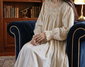 Vintage Princess Square Neck Nightgown | Long Sleeve Cream Sleep Dress | Romantic Homewear