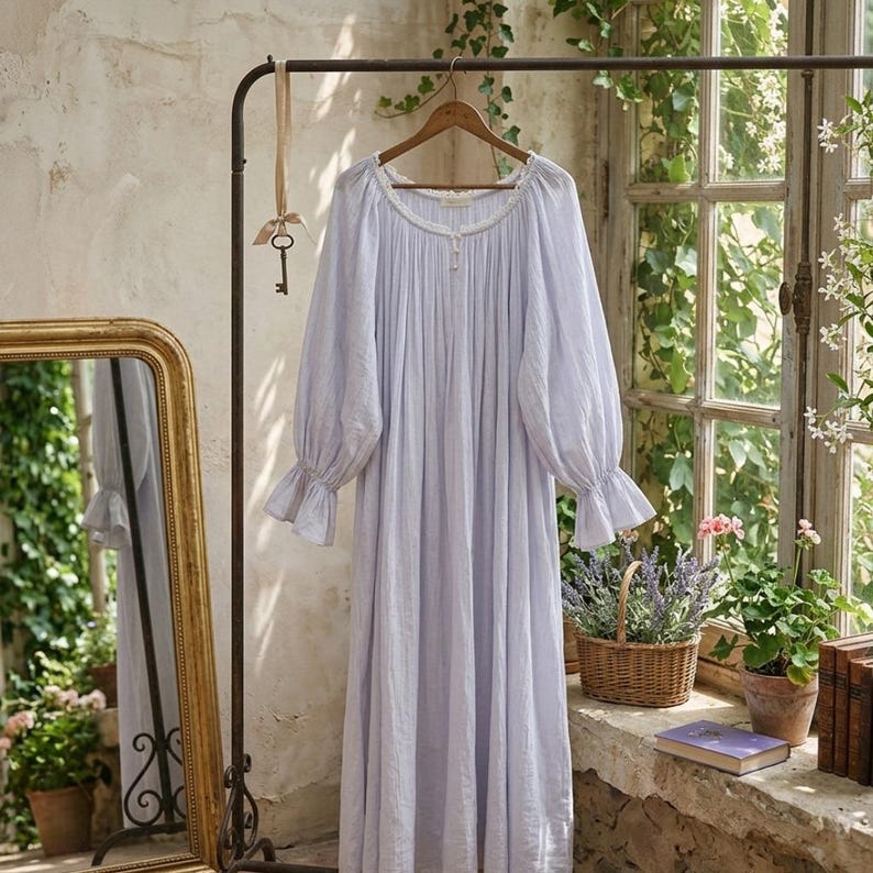 May include: A light blue nightgown with long, gathered sleeves and ruffled cuffs hangs on a dark metal clothing rack. The nightgown has a scoop neckline with lace trim and a small button closure. A vintage key hangs from the rack.