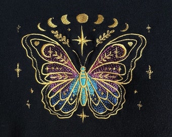 Moon Phase Butterfly Womens Witchy Embroidered Crewneck Sweatshirt Size S 4-6