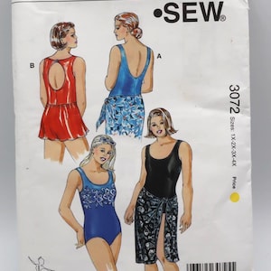 May include: Kwik Sew pattern 3072 for swimsuits, sizes 1X-2X-3X-4X. The cover features illustrations of women in various swimsuit designs, including a red swim dress, blue one-piece, and black swimsuit with a sarong.