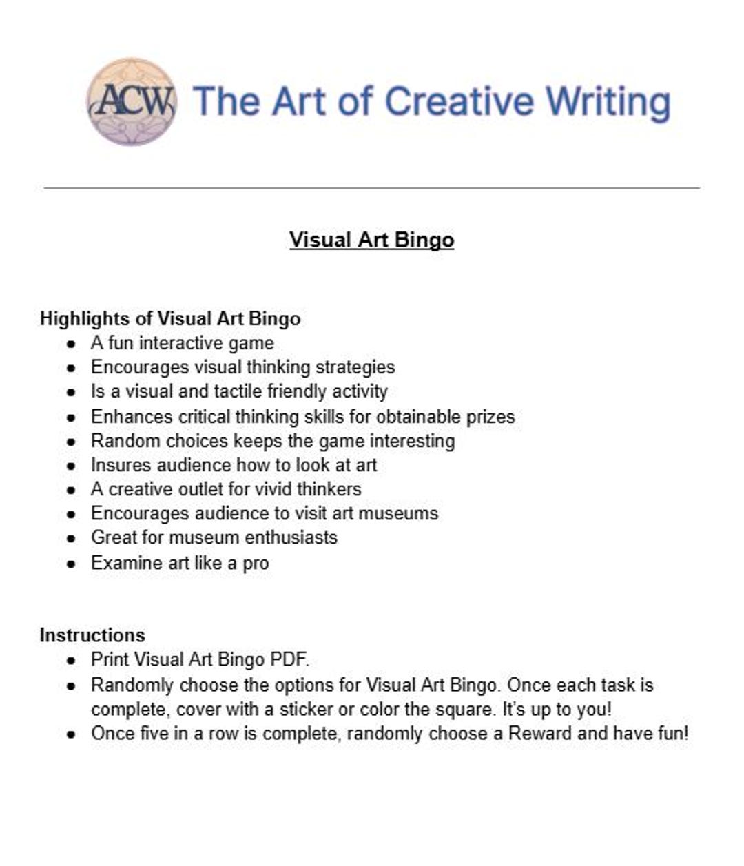Visual Art Bingo + Rewards PDF (printable) - Etsy