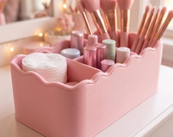 Organizador de maquillaje con borde festoneado, caja para guardar cosméticos y brochas, bonito organizador de escritorio, decoración para tocador.
