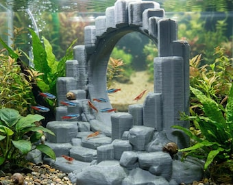 Portale a colonna di basalto per acquario, ornamento ad arco roccioso per vasca, portale in pietra fantasy, decorazione per acquario con pesci Betta.