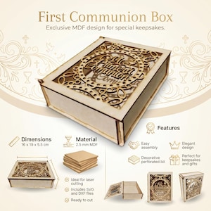 May include: A light-coloured wooden First Communion Box with a decorative perforated lid. The box measures 16 x 19 x 5.5 cm. The lid features the words "First Communion" in an ornate design. The box is made of 2.5 mm MDF.