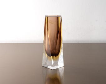 Vase Sommerso en verre Oball de Murano, couleur ambre transparent, pièce de collection italienne du milieu du XXe siècle.