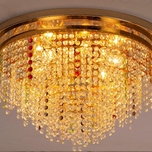 Vintage Italiaanse kristallen kroonluchter: goudpatina, 6-lichts plafondlamp