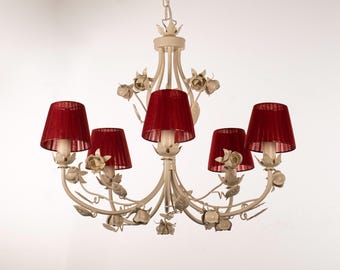 Unikat 5-flammiger italienischer Kronleuchter Organza Rot Lampenschirme, Elfenbein Gold Florence Lampe