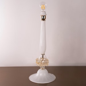 White Murano Glass, Venetian Table Lamp | Gold Rostro Details | Hand Blown, Italian Unique Piece