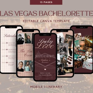 Könnte beinhalten: Eine digitale mobile Reiseroute für einen Junggesellinnenabschied in Las Vegas. Das Design zeigt fünf Smartphones, die Eventdetails, Fotos und den Text "Lucky Love" und "The Vibe" anzeigen. Die Vorlage ist editierbar und umfasst 13 Seiten.