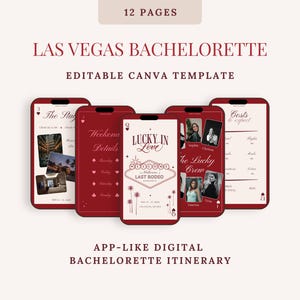 Könnte beinhalten: Eine bearbeitbare 12-seitige Canva-Vorlage für einen Junggesellinnenabschied in Las Vegas mit einem App-ähnlichen digitalen Reiseplan. Das Design verwendet eine tiefrote und cremefarbene Palette mit Spielkartenmotiven und Texten.