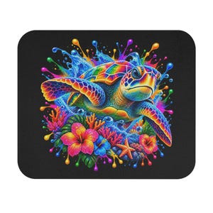 Tapis de souris Tortue marine | Tortue colorée avec corail | Tapis de souris noir | Cadeau Océan