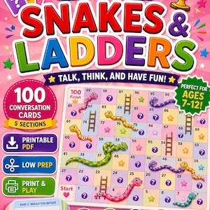 May include: A colourful Snakes and Ladders board game educational resource titled MinnieCozyClassroom. The board features numbered squares, illustrated snakes, ladders, and question marks. Includes a stack of conversation cards and icons for printable PDF, low prep, and print and play features on a bright pink background.