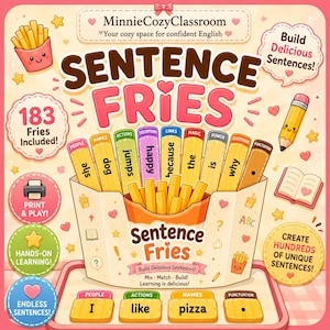 Puede incluir: Un juego educativo MinnieCozyClassroom Sentence Fries que incluye un recipiente lleno de 183 tarjetas con forma de patatas fritas etiquetadas con palabras como she, dog, jumps, happy, because, the, is, why y signos de puntuación.