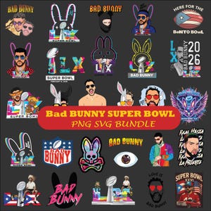 Può includere: Una collezione di grafiche a tema Bad Bunny, tra cui illustrazioni dell'artista, loghi di coniglietti e immagini del Super Bowl. I design presentano colori vivaci ed elementi testuali, perfetti per progetti di arte digitale.