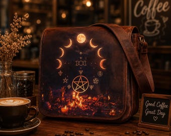 Moon Phase Leather Messenger Bag with Free Journal, Witchy Crossbody Satchel, Handmade Celestial Shoulder Bag Gifts