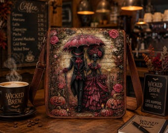 Halloween Skeleton Couple Leather Messenger Bag, Gothic Crossbody Satchel, Handmade Vintage Shoulder Bag Gift for Her