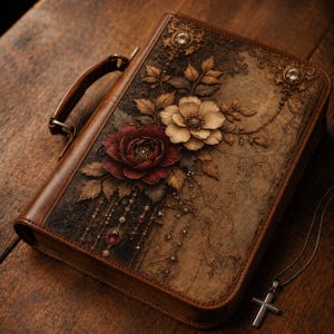 May include: A brown leather-bound case with a handle, featuring an embossed floral design with a large dark red flower and a cream-coloured flower. The surface is decorated with intricate filigree patterns, embedded clear crystals, and hanging beaded chains. A silver cross pendant on a chain rests nearby.