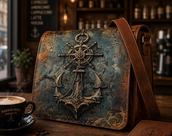 Anchor Leather Messenger Bag with Free Journal, Nautical Crossbody Satchel, Handmade Vintage Shoulder Bag Gift for Her