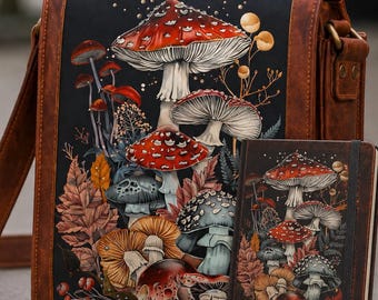 Handgemaakte leren schoudertas met paddenstoelen, dagboek, Cottagecore-tas, vintage crossbody-laptoptas, cadeau Woodland Forest