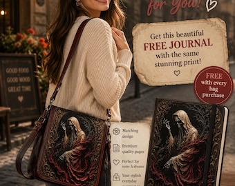 Gothic Leather Messenger Bag, Handmade Crossbody Shoulder Bag, Dark Reaper Print Satchel With Free Matching Journal Gifts for men and women