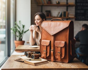 Mochila de cuero de grano completo hecha a mano / Mochila para portátil de estilo vintage con bolsillos delanteros / Bolso de viaje clásico para hombres y mujeres