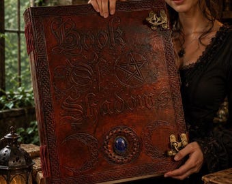Vintage leather Lapis Lazuli Book of Shadows – Handmade Leather Journal with Antique Clasp, Witchcraft Grimoire and Spiritual Diary Gift