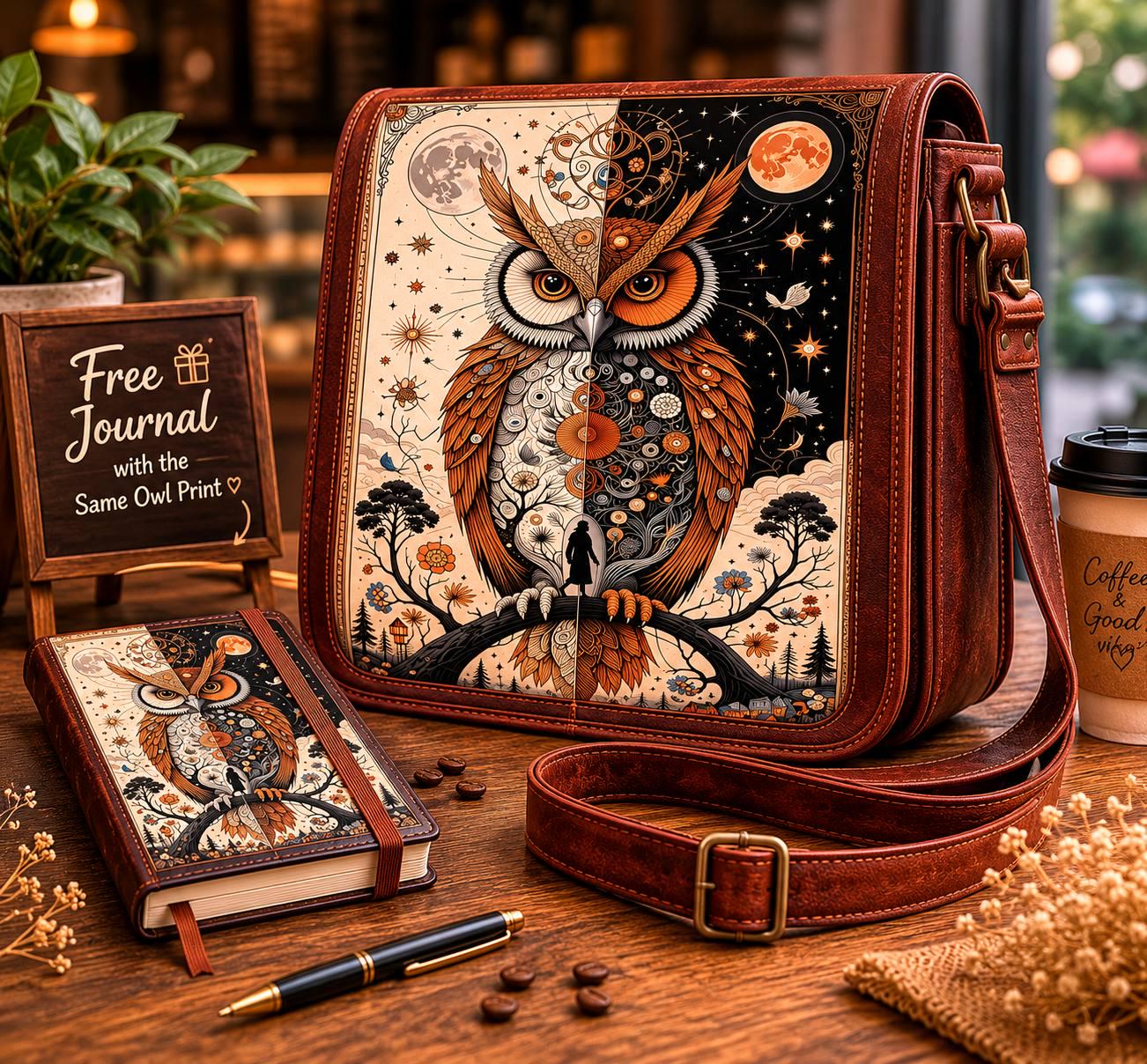 Owl Leather Messenger Bag with Free Matching Journal, Celestial Night Owl Crossbody Satchel, Handmad