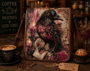 Gothic Raven Leather Messenger Bag with Free Journal, Pink Rose Crossbody Satchel, Handmade Dark Academia Shoulder Bags