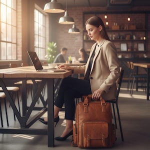 Könnte beinhalten: Eine Person in einem beigen Blazer und schwarzer Hose sitzt an einem Holztisch mit einem Laptop. Ein brauner Lederrucksack mit mehreren Taschen und Riemen steht auf dem Boden. Die Szene spielt in einem Café mit Backsteinwänden.