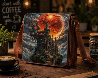 Enchanted Castle Leather Messenger Bag with Free Journal, Fantasy Crossbody Satchel, Handmade Brown Shoulder Bag Gifts for men and women