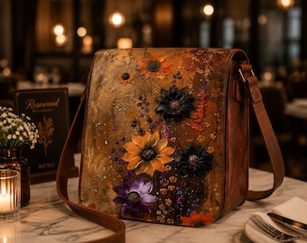 Handmade Floral Leather Messenger Bag, Brown Crossbody Satchel, Embossed Flower Shoulder Bag, Vintage Boho Purse for Women
