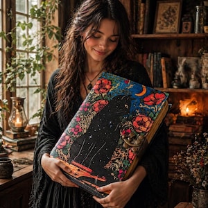 May include: A large, ornate book with a black cover featuring a floral and celestial design, held by a person. The cover has a black background with a cat silhouette, stars, and a crescent moon, framed by red and orange flowers. The book is secured with a metal clasp.