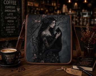 Gothic Woman Black Cat Leather Messenger Bag, Dark Academia Crossbody Satchel, Handmade Witchy Shoulder Bag Gifts
