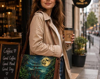 Adventure Ship Leather Messenger Bag with Free Journal, Moonlit Pirate Crossbody Satchel, Handmade Travel Shoulder Bag