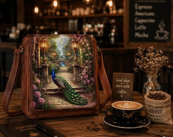 Peacock Garden Leather Messenger Bag, Vintage Floral Crossbody Satchel, Handmade Brown Shoulder Bag Gift for Her