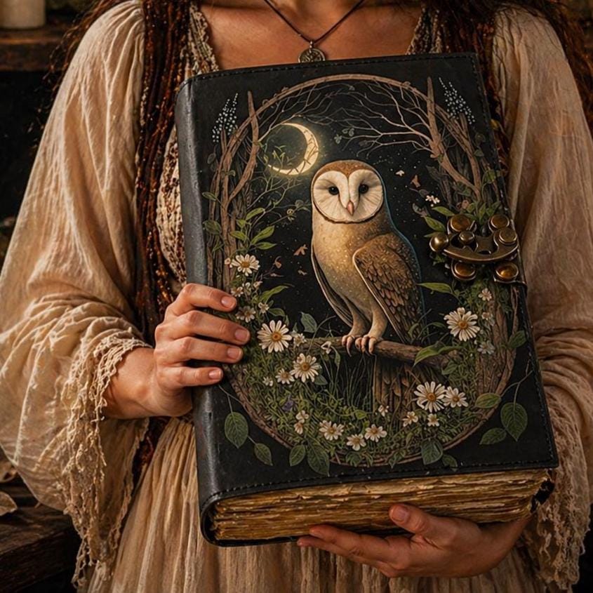 Moonlit Owl Leather Journal – Handmade Forest Grimoire Notebook with Antique Clasp, Fantasy Di